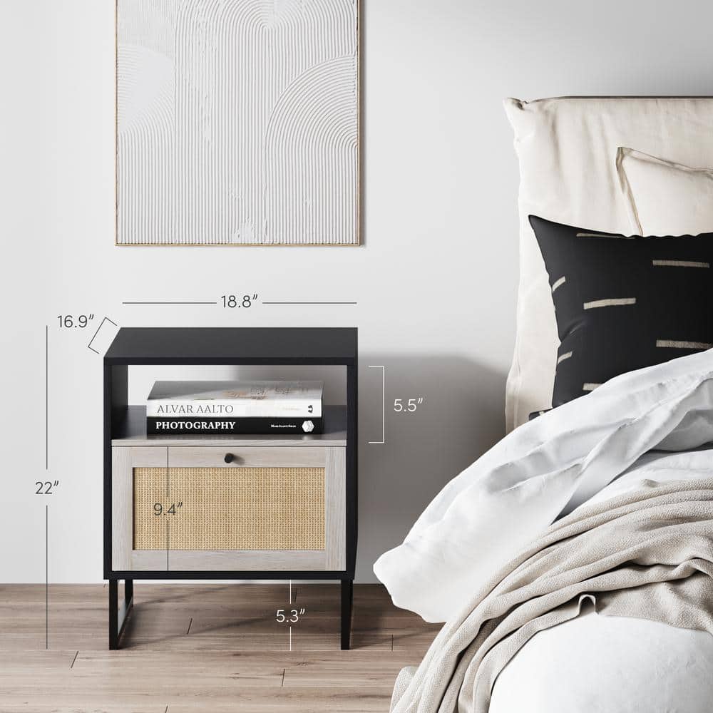 Mina Black Oak and Rattan Storage Accent Table