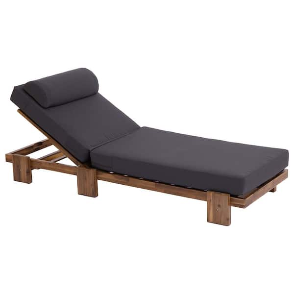 Acacia Wood Outdoor Adjustable Recliner Patio Chaise Lounge Chair with Gray Cushion, Headrest, Retractable Side Tray