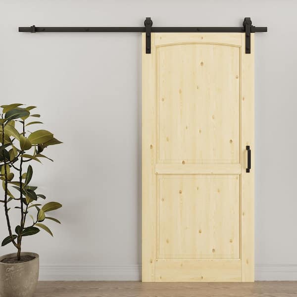36 in. x 80 in. Arch 2-Panel Unfinished Solid Core Pine Wood No Assembly Required Sliding Barn Door with Hardware Kit
