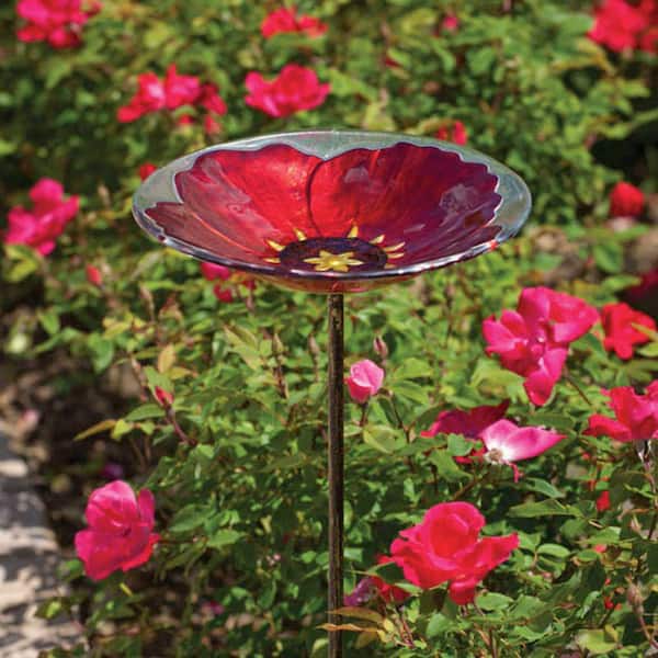 Evergreen Ruby Pansy Glass Birdbath with Stake