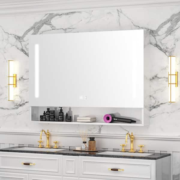 39 in. W x 28 in. H Rectangular Aluminum Medicine Cabinet with Mirror and Light, Dimmable, Defogger, White