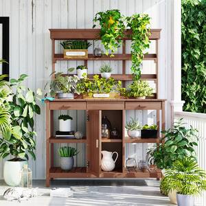 Brown Outdoor Wooden Potting Bench Table with 2 Drawers and Open Shelves