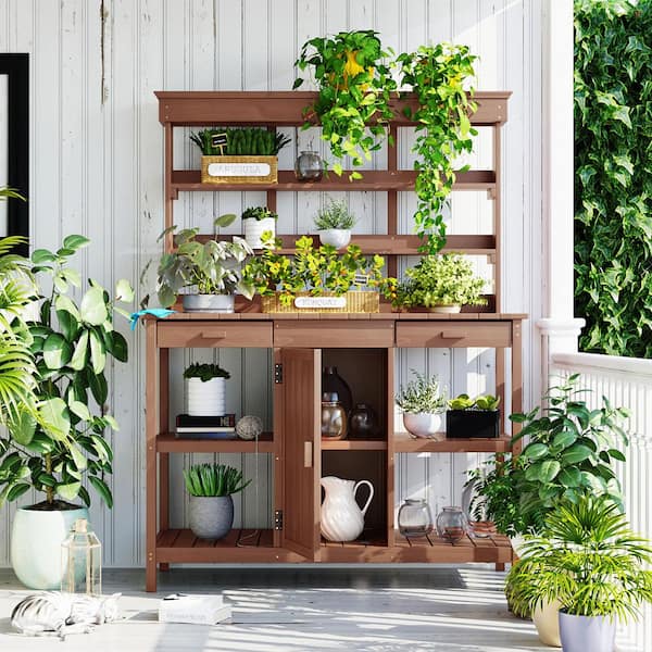 Boosicavelly Brown Outdoor Wooden Potting Bench Table with 2 Drawers and Open Shelves