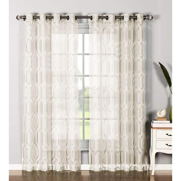 Window Elements Sheer Delta Cotton Blend Burnout Sheer Extra Wide 84 in. L Grommet Curtain Panel Pair, Ivory (Set of 2)