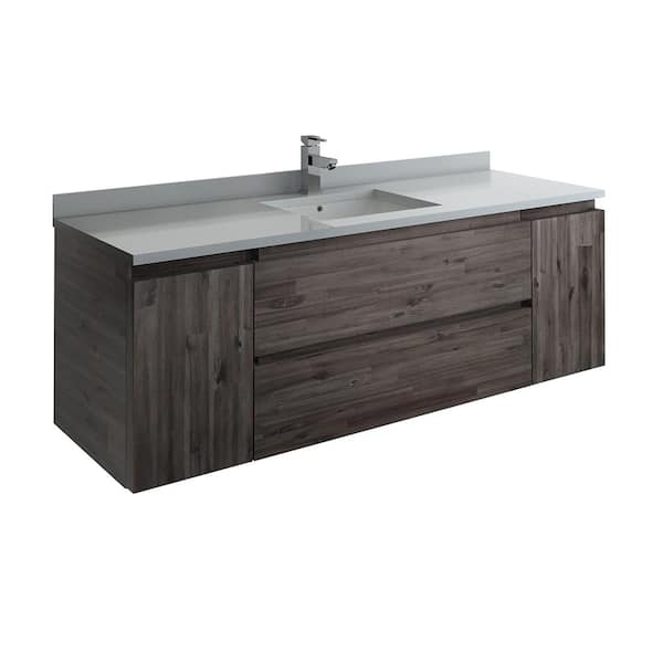 Fresca Formosa 60 in. Modern Wall Hung Vanity in Warm Gray with Quartz Stone Vanity Top in White with White Basin