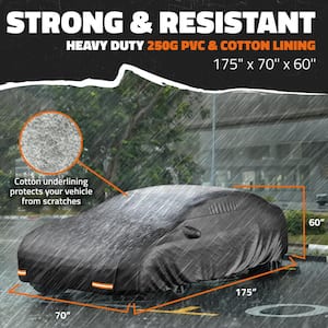 175 in. x 70 in. x 60 in. Extra Thick Heavy-Duty Waterproof Car Cover - 250 g PVC Cotton Lined - Black