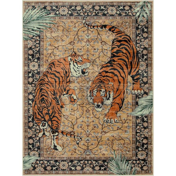 9 ft. x 12 ft. Desert Goldene Vintage Tiger Washable Non Slip Soft Brown Area Rug