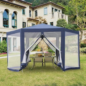 8.2 ft. Outdoor Hexagon Sun Shade Steel Polyester Canopy Tent with Protective Mesh Walls and UV Sun Protection, Blue