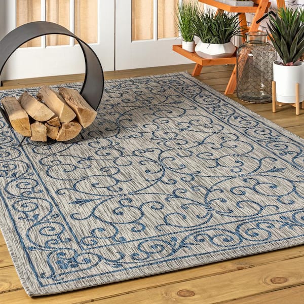 JONATHAN Y Charleston Vintage Filigree Gray/Navy 7 ft. 9 in. x 10 ft. Textured Weave Indoor/Outdoor Area Rug