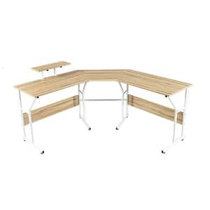 88.5 in. W Shaped Reversible Computer Desk 2 Person Long Table Monitor Stand Oak
