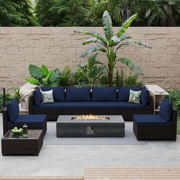 PATIO WATCHER 8-Piece Wicker Patio Conversation Set with Cushions and 56 in. Outdoor Rectangle Fire Pit Table, NavyBlue Cushions