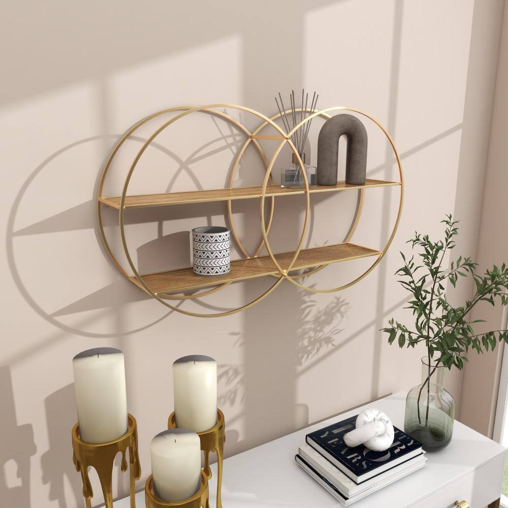 Elegant Rustic 30" Gold & Brown Iron 2-Tier Floating Wall Shelf