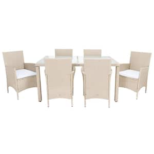 Jolin Beige 7-Piece Wicker Outdoor Patio Dining Set with White Cushions