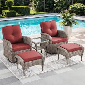 Carlos Gray 5-Piece Wicker Patio Conversation Set Outdoor Swivel Chair Set with Ottomans with CushionGuard Red Cushions