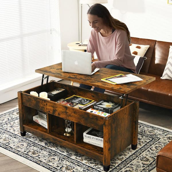 Wooden Lift Top Coffee Table w/Storage & 3 Open Shelves For Living Room Brown 