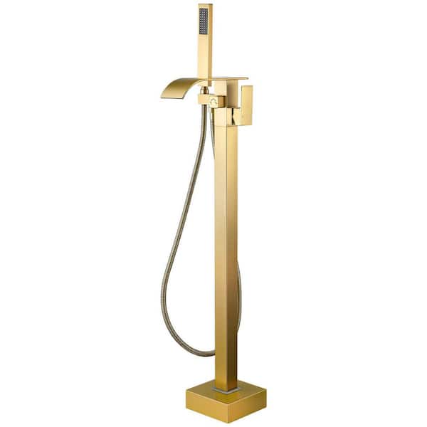 Waterfall Single-Handle Freestanding Floor Mount Roman Tub Faucet Bathtub Filler with High spout in Brushed Gold