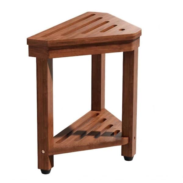 15 in Shower Foot Rest, Acacia Shower Stool for Shaving Legs, Corner Bath Shower Bench with Starage Shelf in Brown