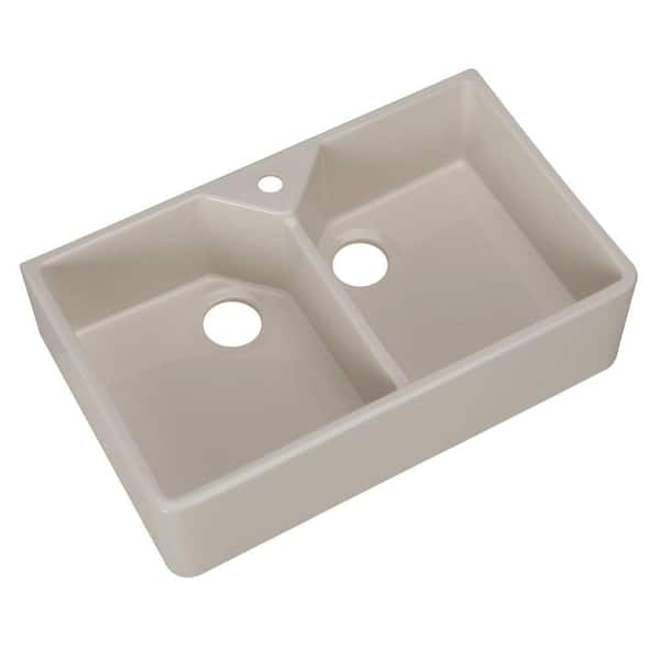 Unbranded Farmhouse Apron Front Fireclay 32 in. 1-Hole Double Bowl Kitchen Sink in Bisque