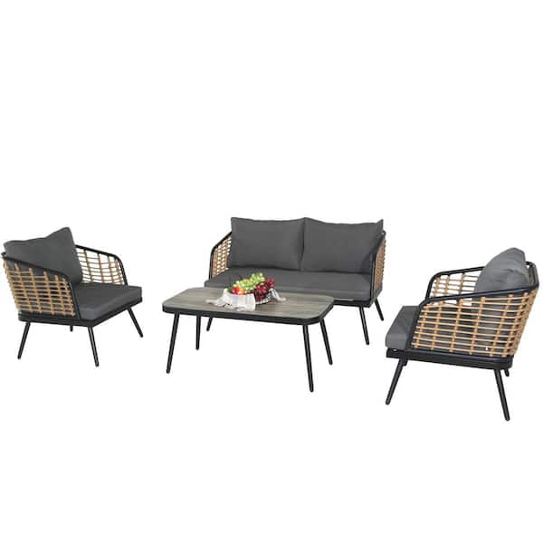Sudzendf 4-Piece Wicker Patio Conversation Set with Dark Gray Washable Cushion and Tempered Glass Tabletop