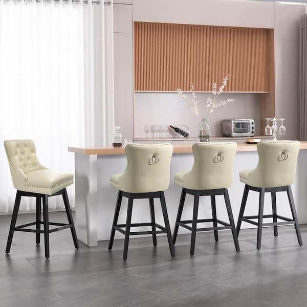 Hochwertiges 29 in. Beige Faux Leather Upholstered Solid Wood Frame Bar Height Swivel Bar Stool (Set of 4)