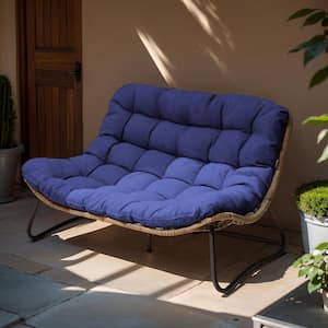 Pattened Metal Double Papasan Outdoor Loveseat with Navy Cushion