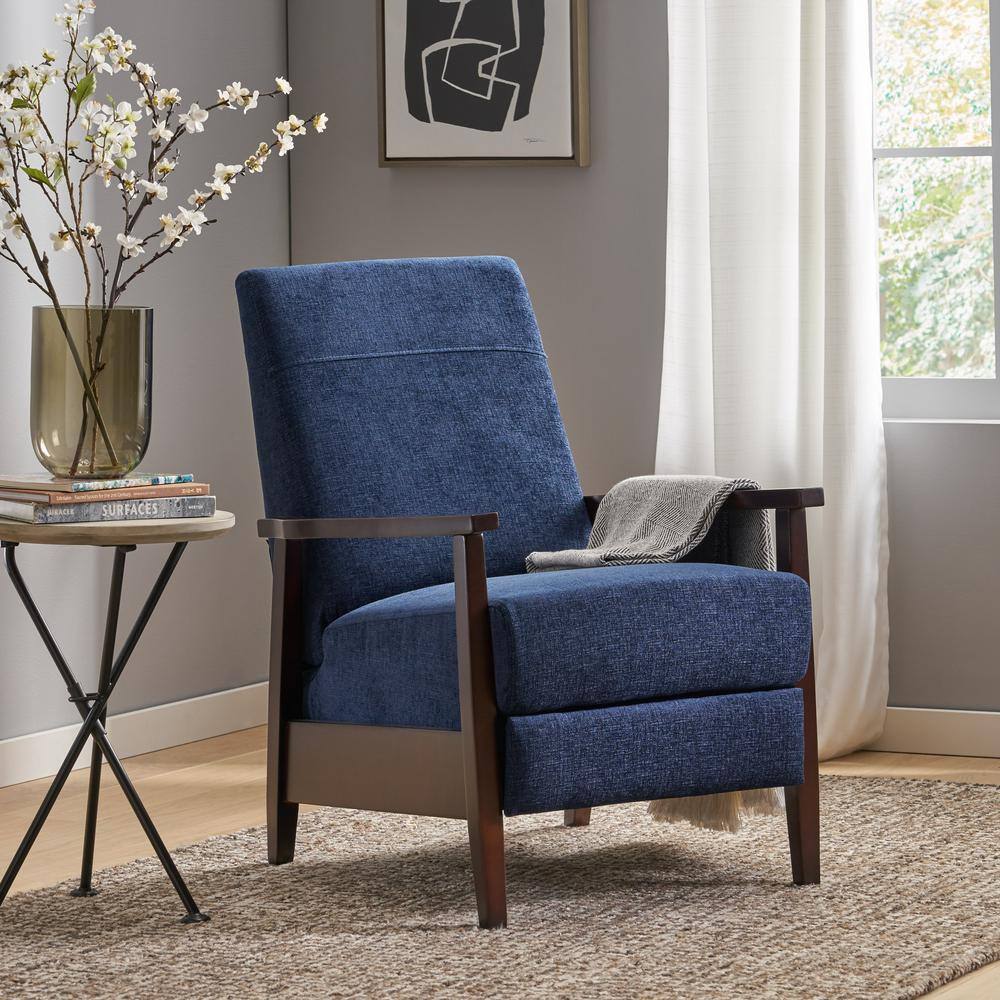 Navy Blue and Chocolate Brown Polyester Club Recliner with Wood Frame