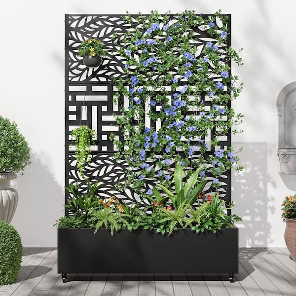 Dovelina 73 in. Black 3-Panel Metal Iron Planter Box with Attached Trellis for Climbing Vegetation Room Divider