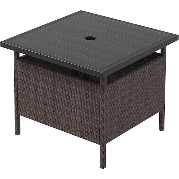 Unbranded Mix Brown Square Wicker Outdoor Side Table with Heavy Duty Metal Frame and 2 in. Umbrella Hole