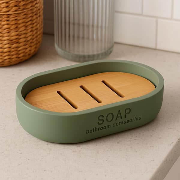 WILLIS Freestanding Soap Dish with Draining Bamboo Insert Green
