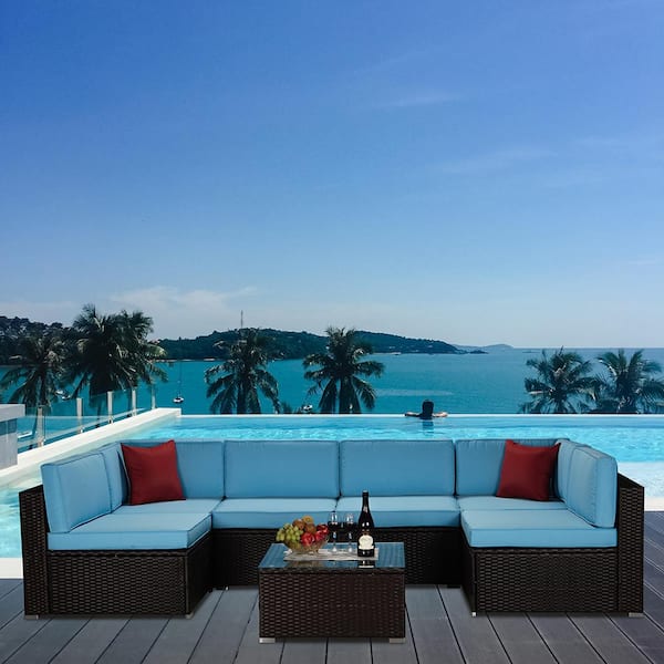 Tunearary Brown Rattan 7- Piece Wicker Outdoor Sectional Sofa Sets with Blue Cushions, 2 Red Pillows, Coffee Table