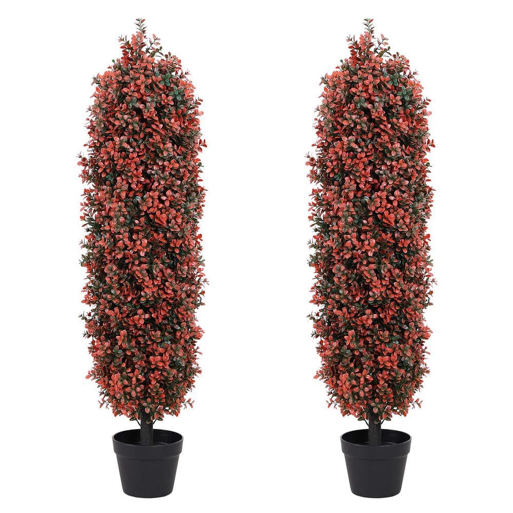 poetree 4 ft. Artificial Topiary Red Faux Boxwood Plants Tree in Pot 2