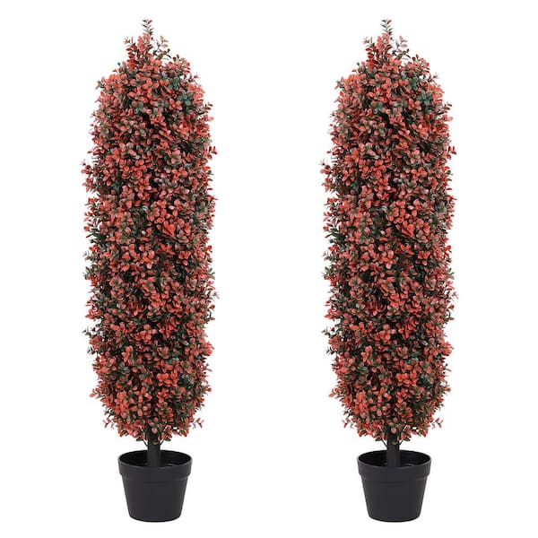 poetree 4 ft. Artificial Topiary Red Faux Boxwood Plants Tree in Pot 2-Pack