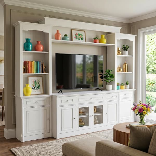 4-Piece White Wood Entertainment Center TV Stand with Tempered Glass Door TV Console, Bookshelves for TVs up to 57 in.