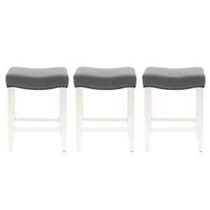 Jameson 24 in. Counter Height Antique White Wood Backless Nailhead Barstool with Gray Linen Saddle Seat Set of 3