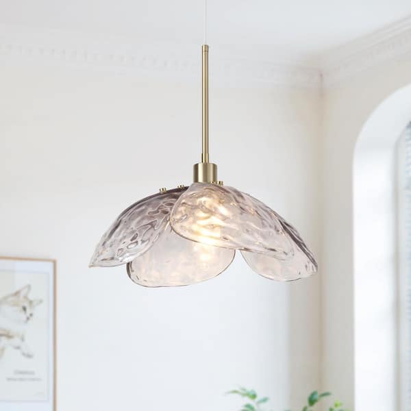 1-Light Brass and Smoked Gray Dimmable Vintage Glass Pendant Light with Flower Shade For Kitchen Island Dining Room