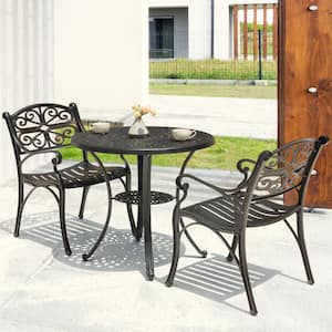 Black with Gold-Painted Edges 3-Piece Cast Aluminum Round Outdoor Bistro Set with 2.28 in. Umbrella Hole