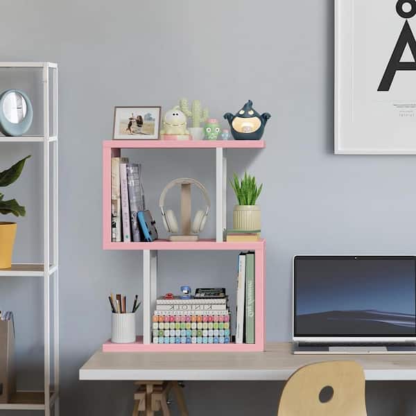 Pink 15.7 in. x 22 in. Wood Classic 3-Tier Desktop Bookshelf