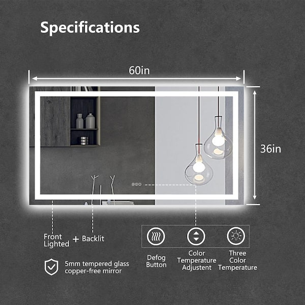 60 in. W x 36 in. H Large Frameless Rectangular Anti-Fog Wall Bathroom Vanity Mirror in Silver