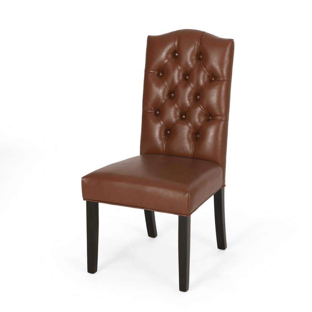 Set of 2 Cognac Brown Faux Leather High-Back Wood Dining Chairs