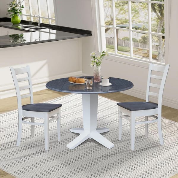 International Concepts 3-Piece Lyla White/Heather Gray Solid Wood 42 in. Drop-Leaf Pedestal Dining Set with 2 Emily Side Chairs Seats 2