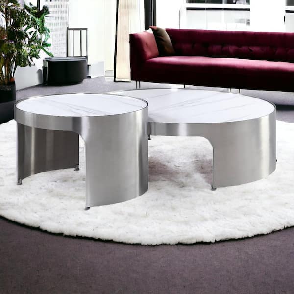 HomeRoots 39 in. Marble Top and Brush Silver Finish Round Faux Marble Coffee Table