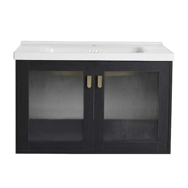 Boosicavelly 31.90 in. W x 18.70 in. D x 20.70 in. H Single Sink Wall MountedBath Vanity in Black Chestnut with White Ceramic Top