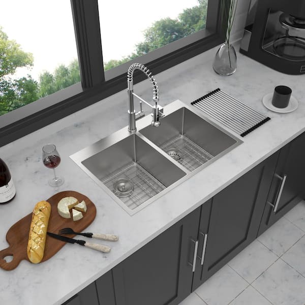 33 in. x 22 in. Drop In Double Bowl 16-Gauge Brushed Nickel Stainless Steel Kitchen Sink with Accessories