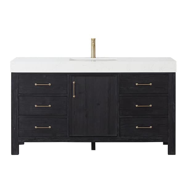León 60 in. W x 22 in. D x 34 in. H Single Freestanding Bath Vanity in Fir Wood Black with White Composite Stone Top