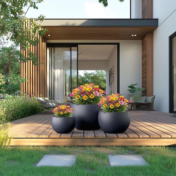 12.5 in. 16 in. 20.5 in. Granite Gray(Enhanced Core) Concrete Round Planter / Pot with Drainage Holes (3-Pack)