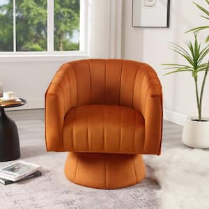 Modern Orange Velvet Upholstered Comfy Swivel Barrel Chair with Tufted Back and Solid Wood Base