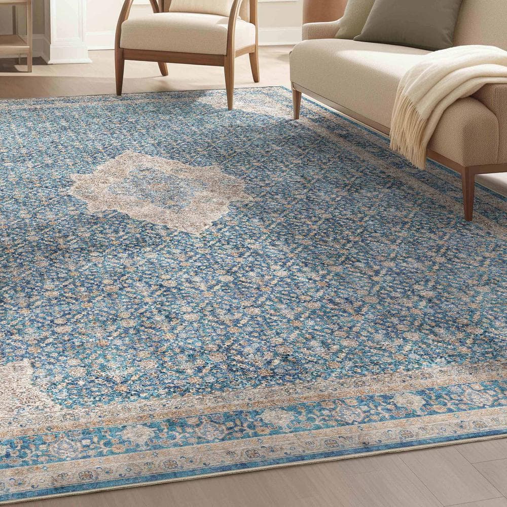Asha Lilith Vintage Persian Oriental Chenille Rug in Blue, 8' x 10'