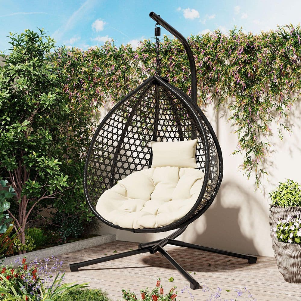 Black Wicker Iron Base Patio Swing Egg Chair with Beige Cushions for Indoor and Outdoor Use price history on PriceWatchPro