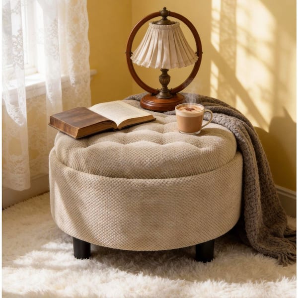 25 in. W Light Brown Round Fabric Storage Accent Medium (22-44 in.) Ottoman for Living Room, Bedroom