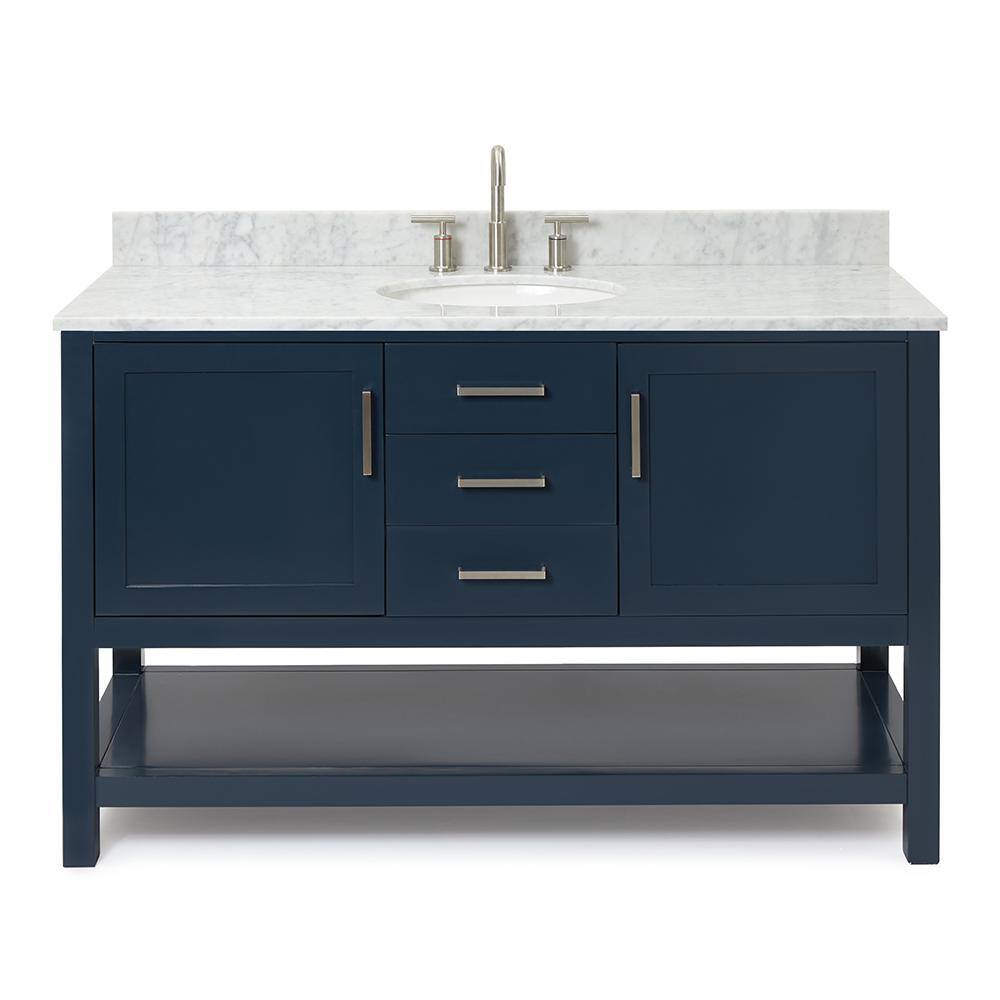 Midnight Blue Single Vanity with White Marble Top, 55"